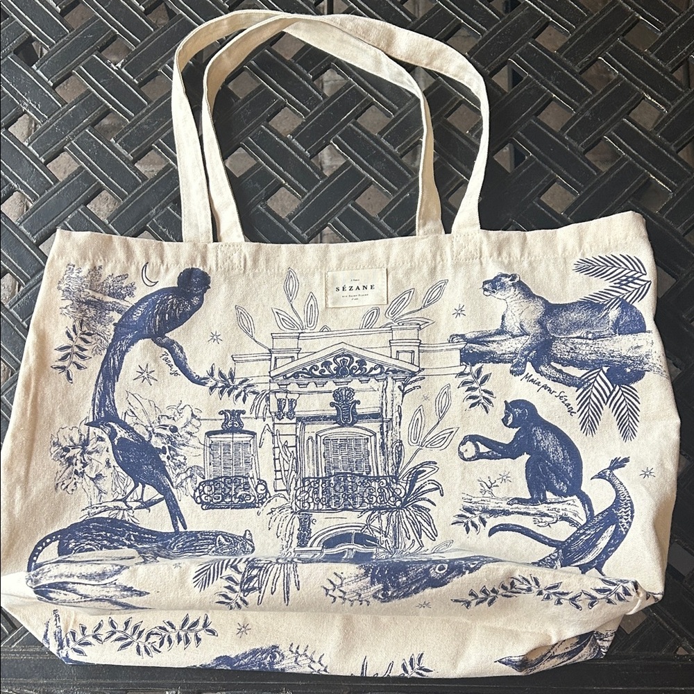 Sézane Tote Bag with Blue Animal Print